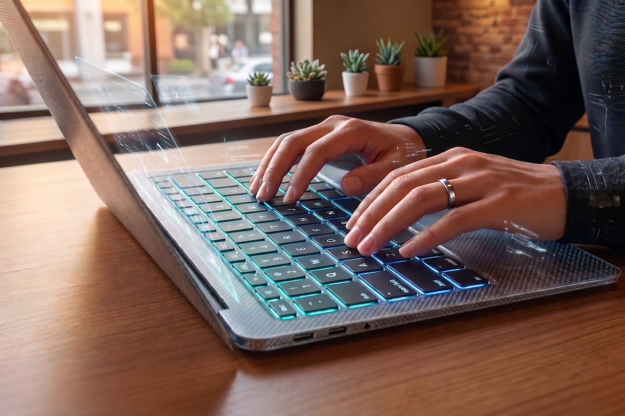 P3 Agency expert typing on a backlit laptop for keyword research and SEO strategy.
